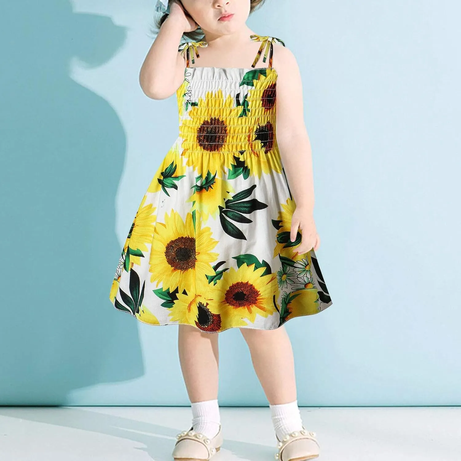 Girl's Ditsy Floral Print Ruffle Hem Cam Dress Spaghetti Strap Rainbow Mini Casual Dresses for Summer
