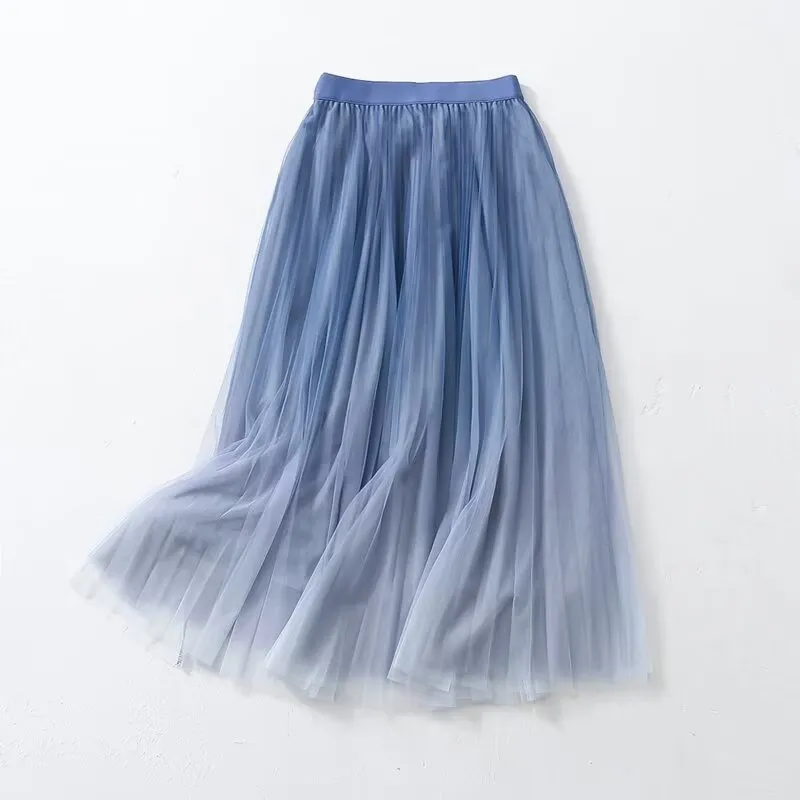 Gradient Color Large Swing Skirt Korean Women Clothing Summer Pastoral Mesh Skirt