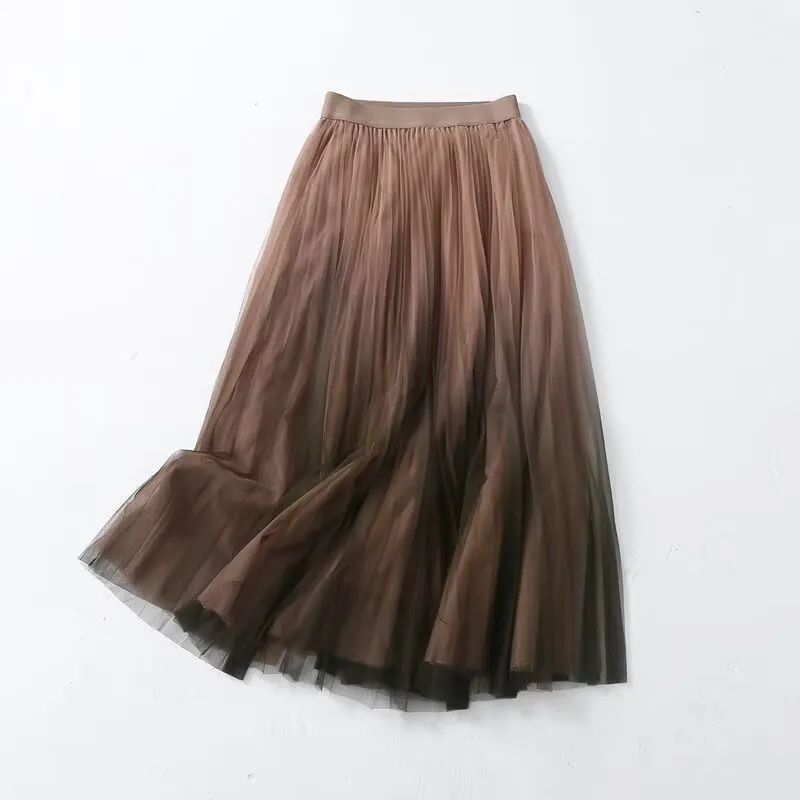 Gradient Color Large Swing Skirt Korean Women Clothing Summer Pastoral Mesh Skirt