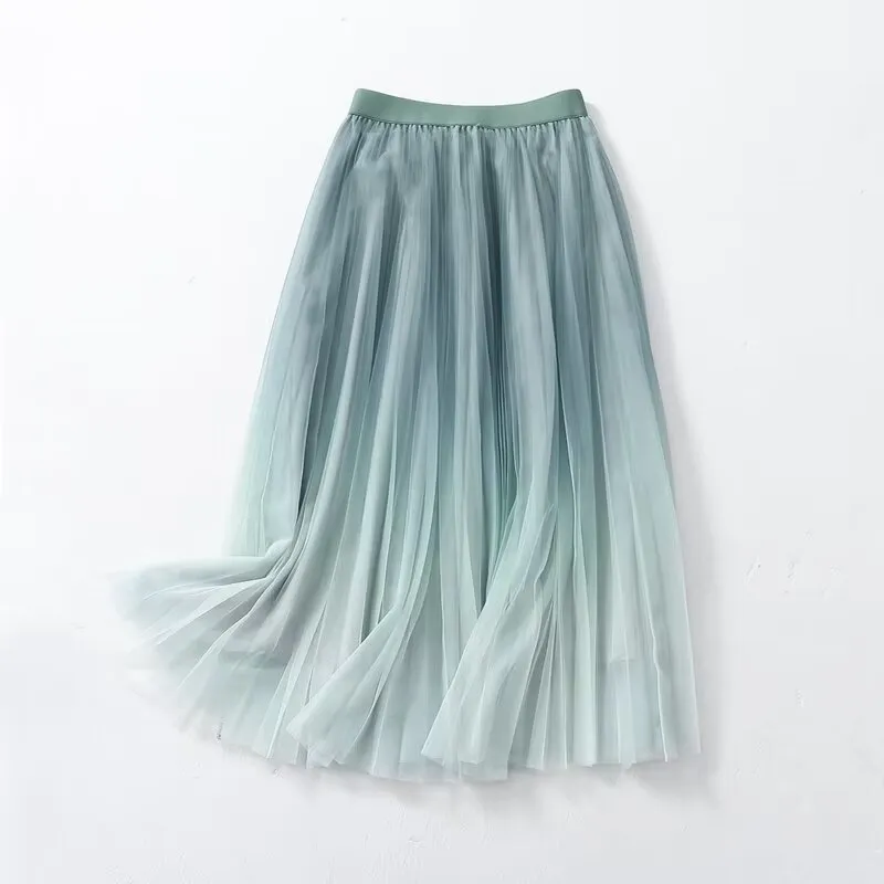 Gradient Color Large Swing Skirt Korean Women Clothing Summer Pastoral Mesh Skirt