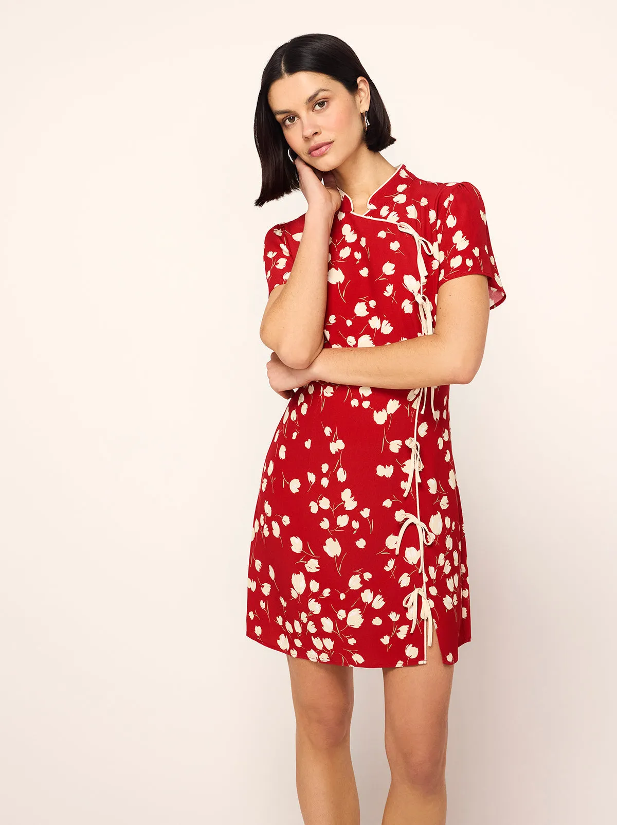 Harlow Red Scattered Tulip Print Mini Dress