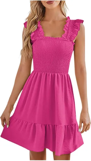 hlysgo Women Summer Sleeveless Mini Dress Boho Smocked Sundresses Cute Ruffle Casual Tank Dress