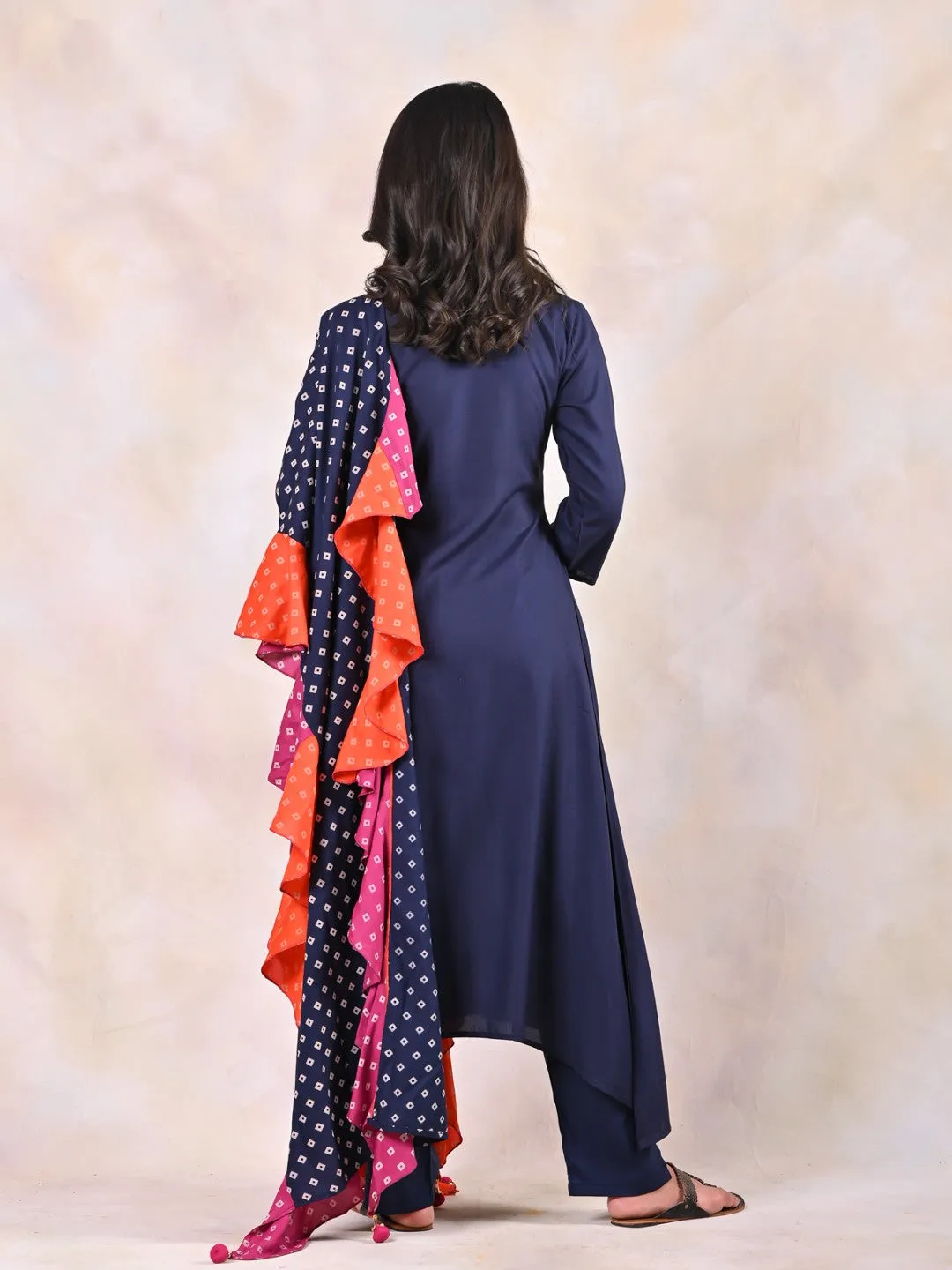 Indigo Kurta Pants Set With Bandhani Dupatta