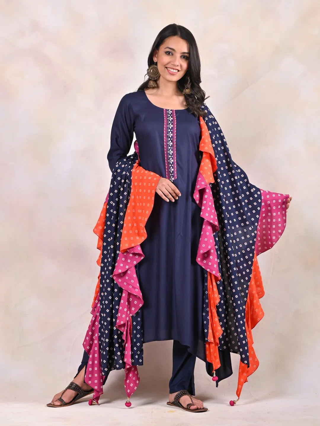 Indigo Kurta Pants Set With Bandhani Dupatta