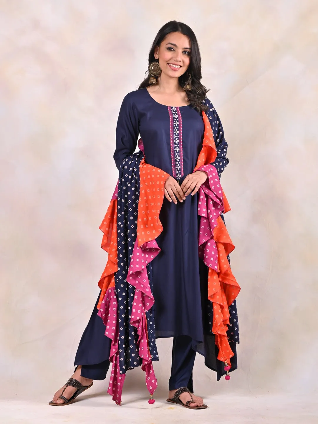 Indigo Kurta Pants Set With Bandhani Dupatta