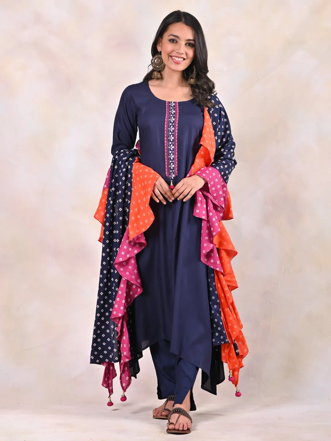 Indigo Kurta Pants Set With Bandhani Dupatta