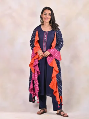 Indigo Kurta Pants Set With Bandhani Dupatta