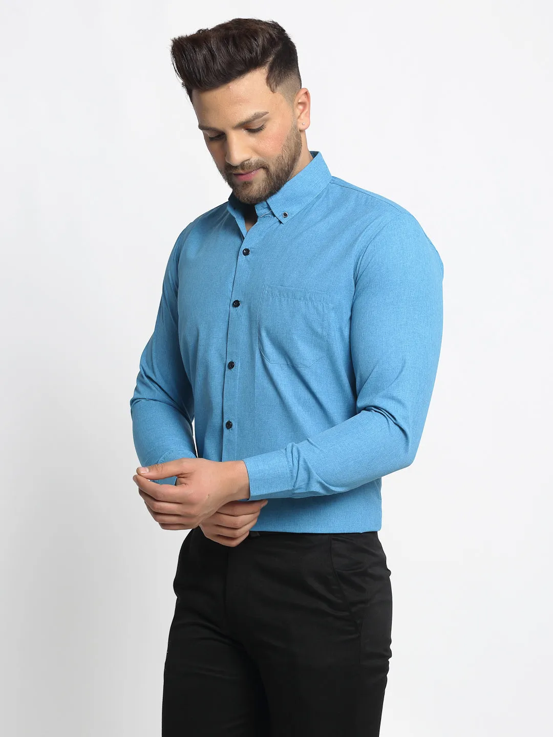 Jashvi Blue Men's Cotton Solid Button Down Formal Shirts