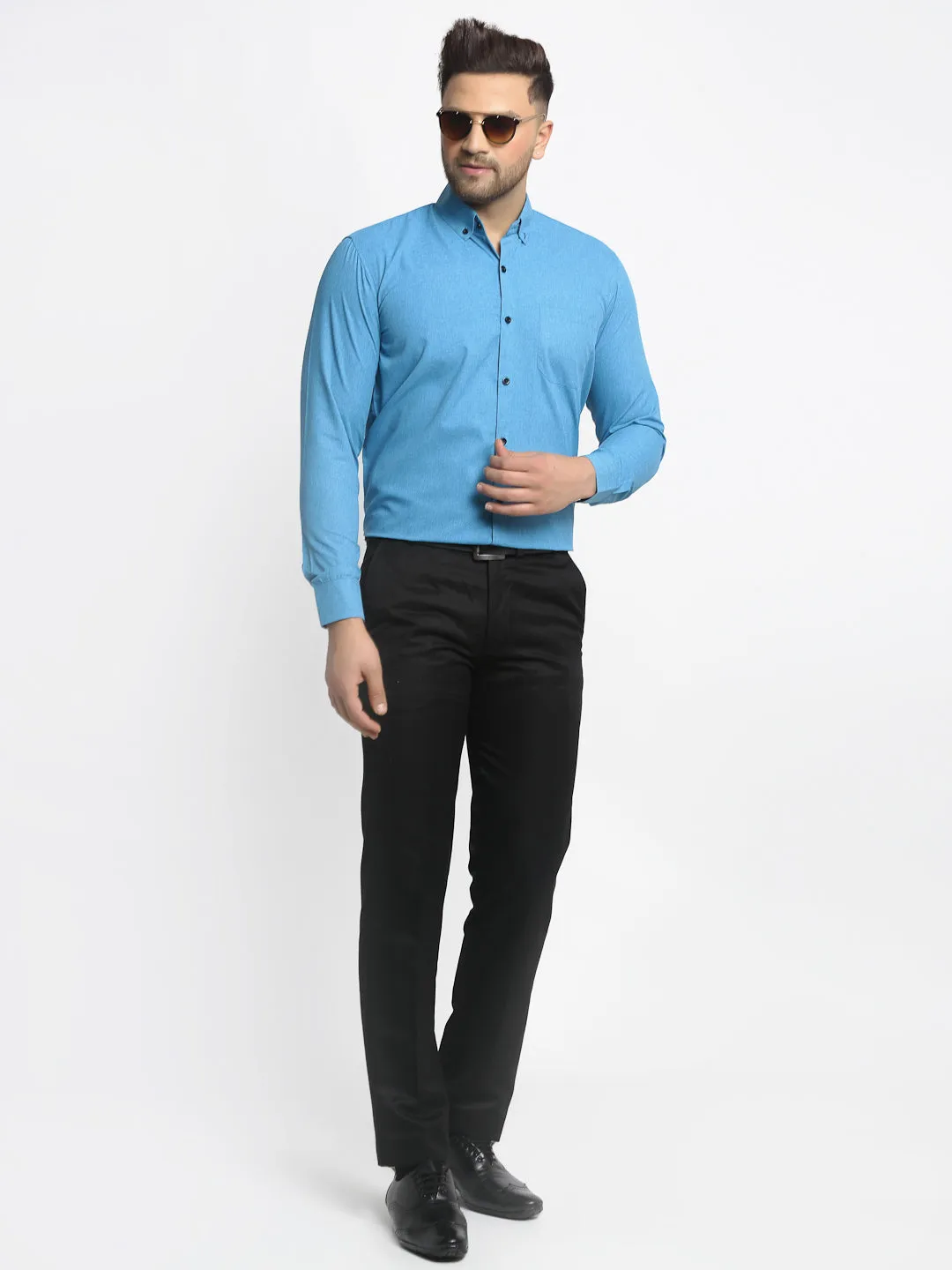 Jashvi Blue Men's Cotton Solid Button Down Formal Shirts