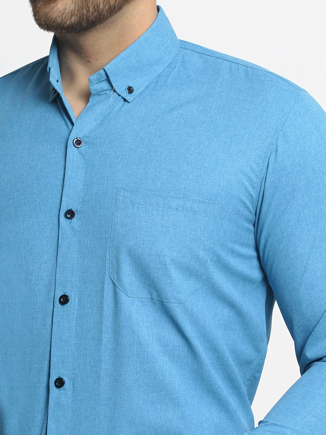 Jashvi Blue Men's Cotton Solid Button Down Formal Shirts