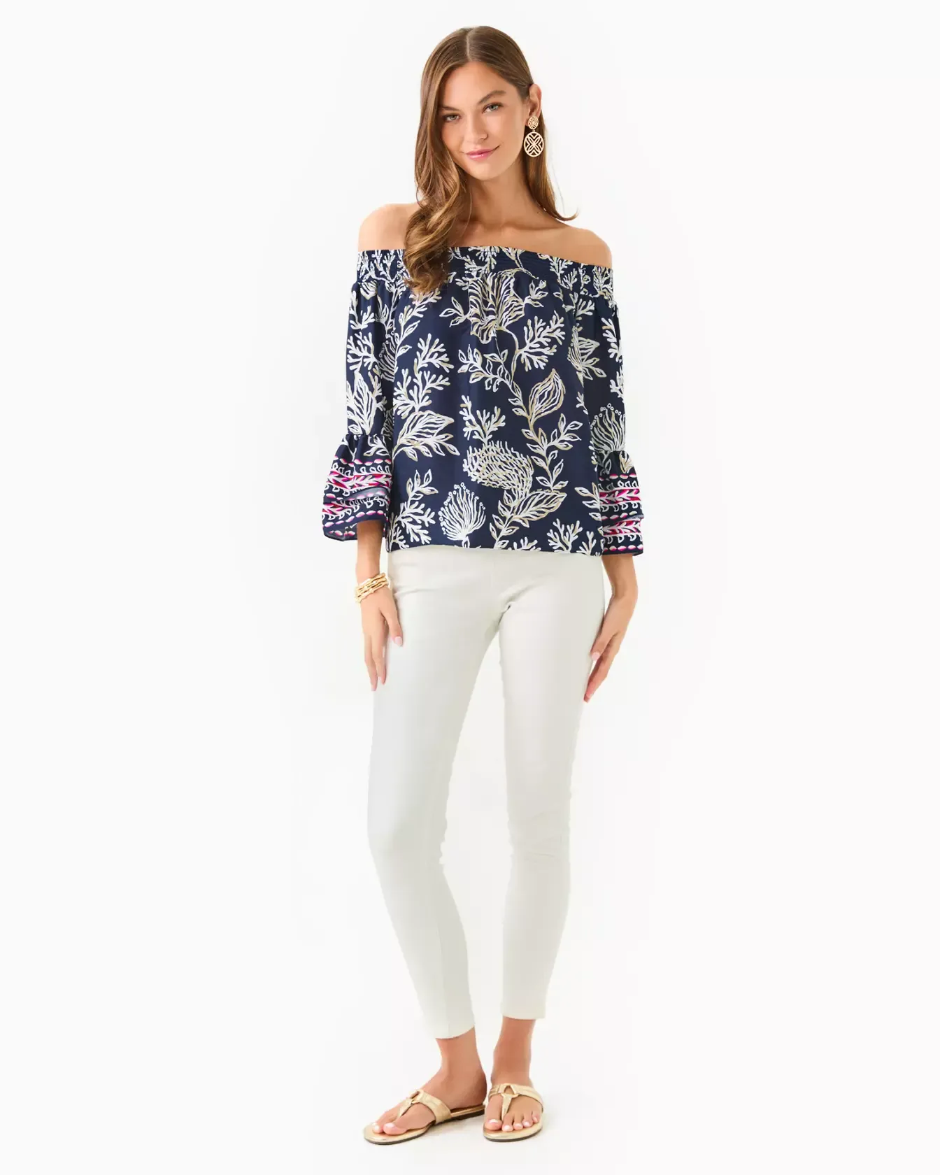 Kaori Off-the-Shoulder Top - Low Tide Navy Coastal Locale Engineered Woven Top