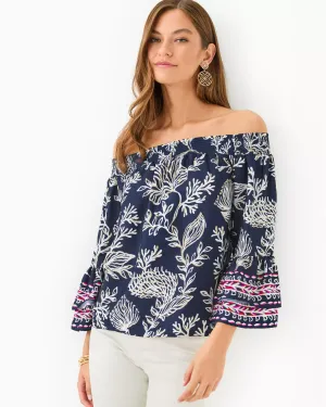 Kaori Off-the-Shoulder Top - Low Tide Navy Coastal Locale Engineered Woven Top
