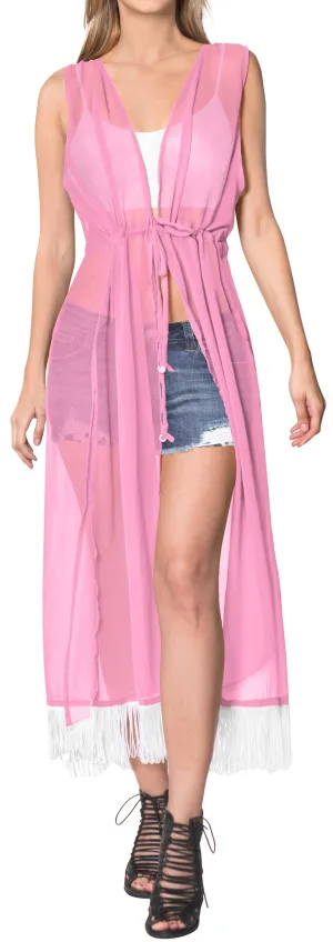 La Leela Baby Pink Sheer Kimono Cardigan Jacket With Fringes