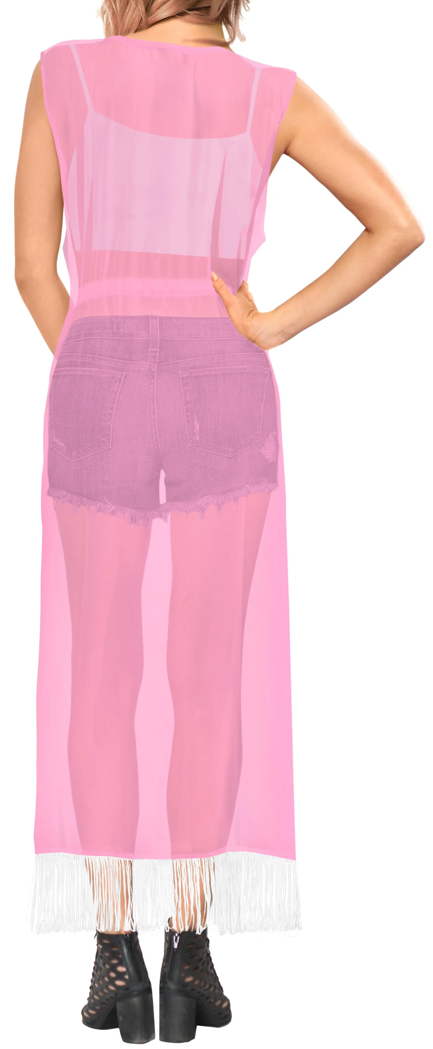 La Leela Baby Pink Sheer Kimono Cardigan Jacket With Fringes