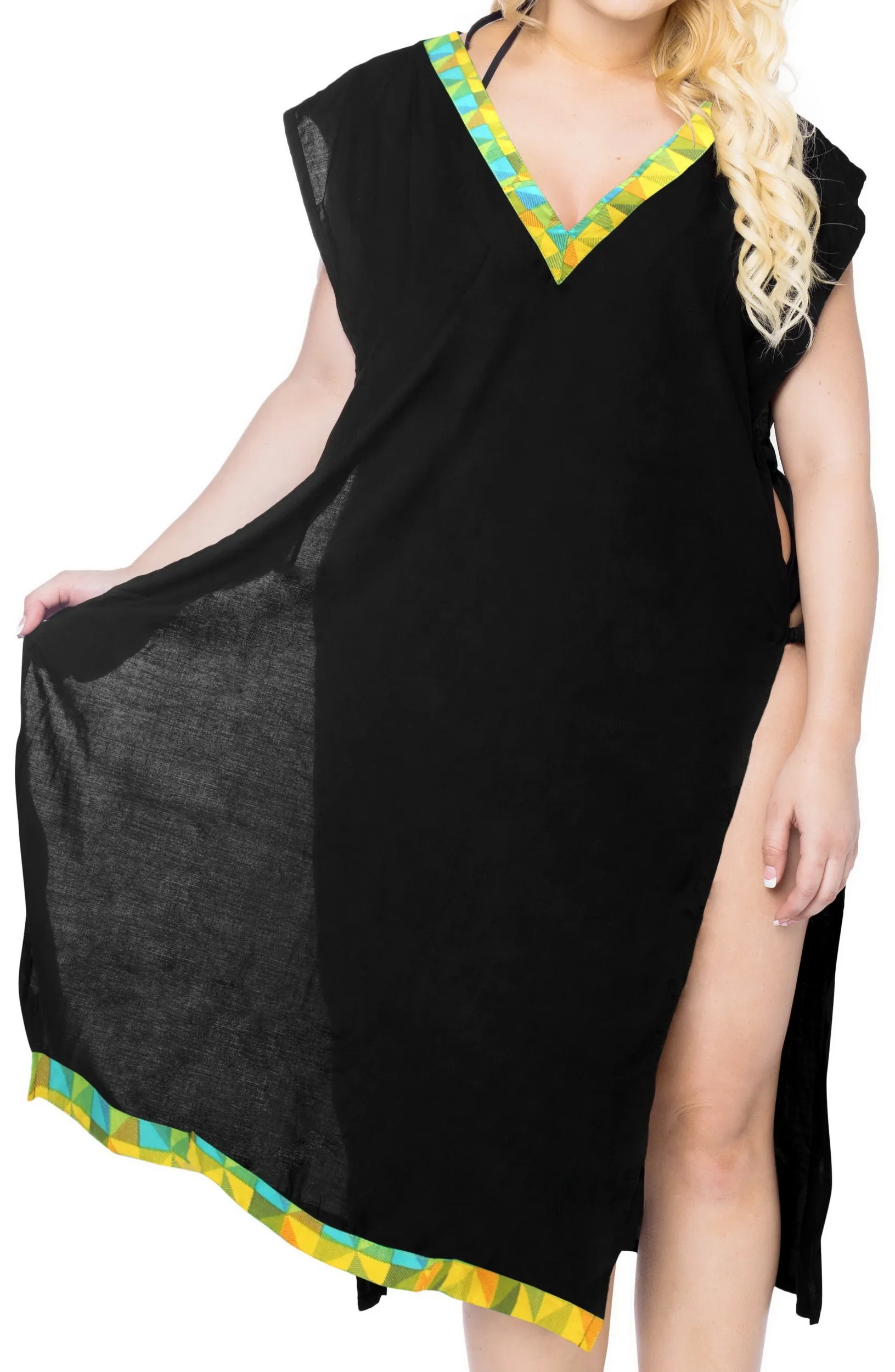 LA LEELA Women's Beach wear Swim collection for Women Cover-ups printed Bikini Cover-Up Side Cut  Solid Plain Black