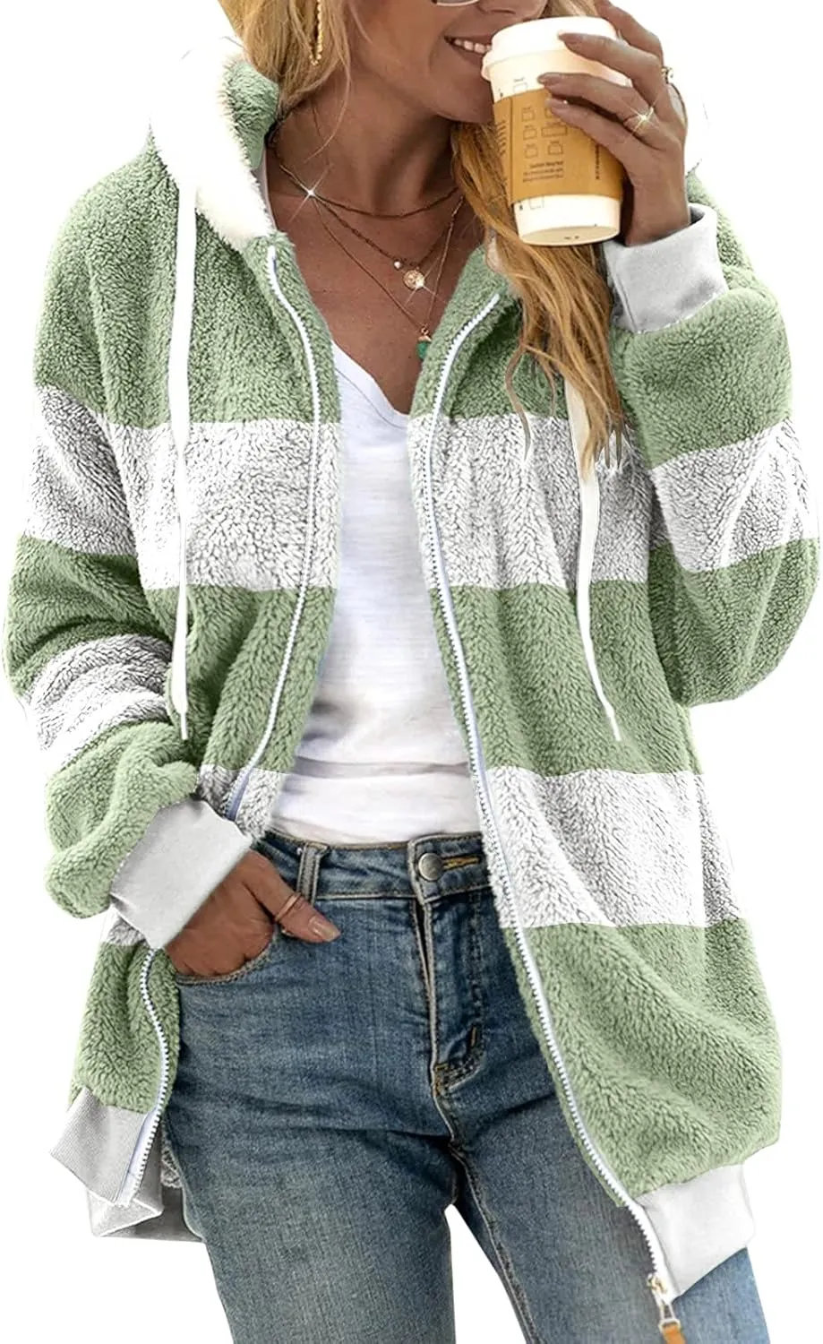 LCMTWX Womens Winter Fuzzy Fleece Jacket Color Artificial Wool Zipper Drawstring Long-Sleeved Hoodie Sweater Coat Hooded