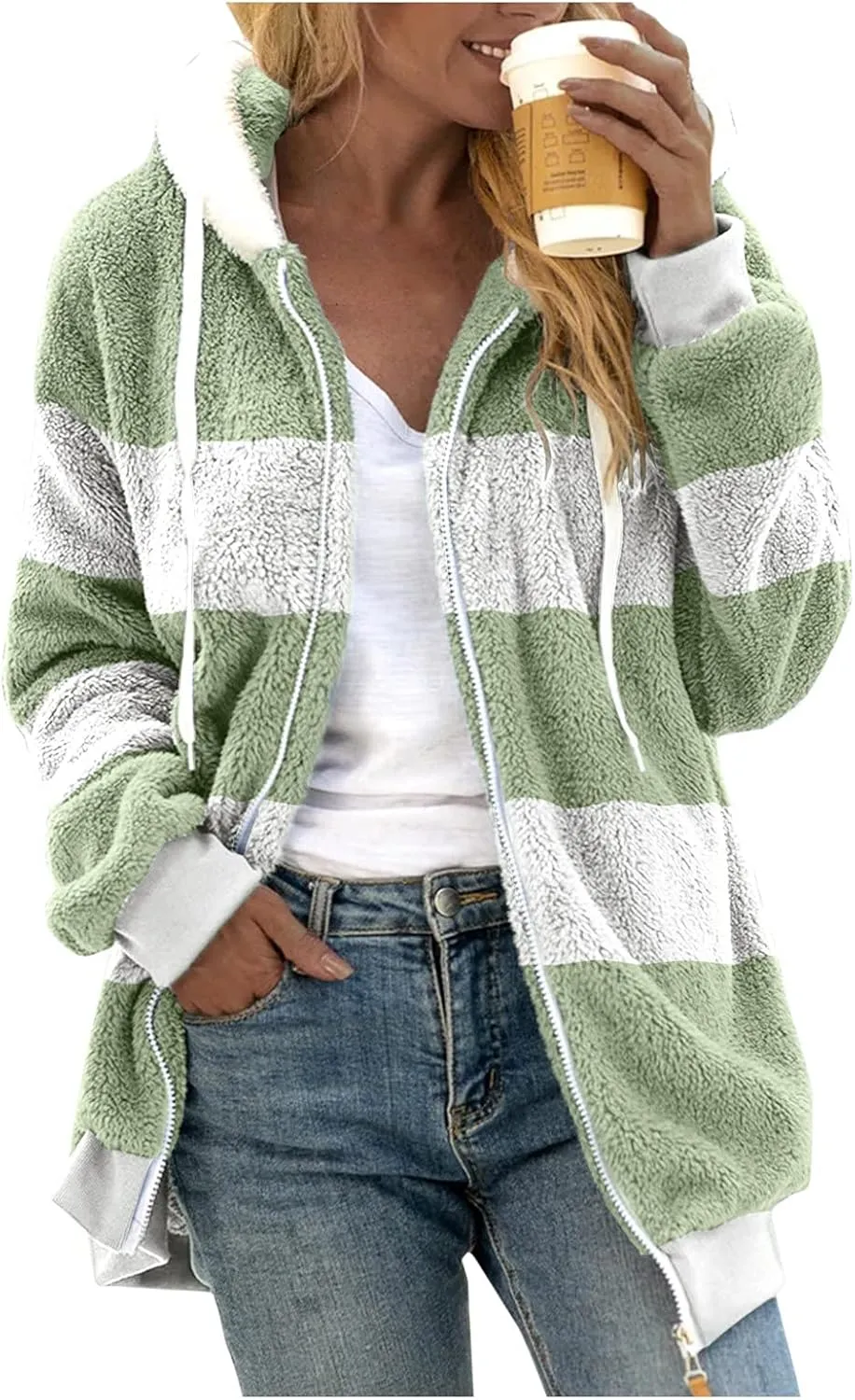 LCMTWX Womens Winter Fuzzy Fleece Jacket Color Artificial Wool Zipper Drawstring Long-Sleeved Hoodie Sweater Coat Hooded