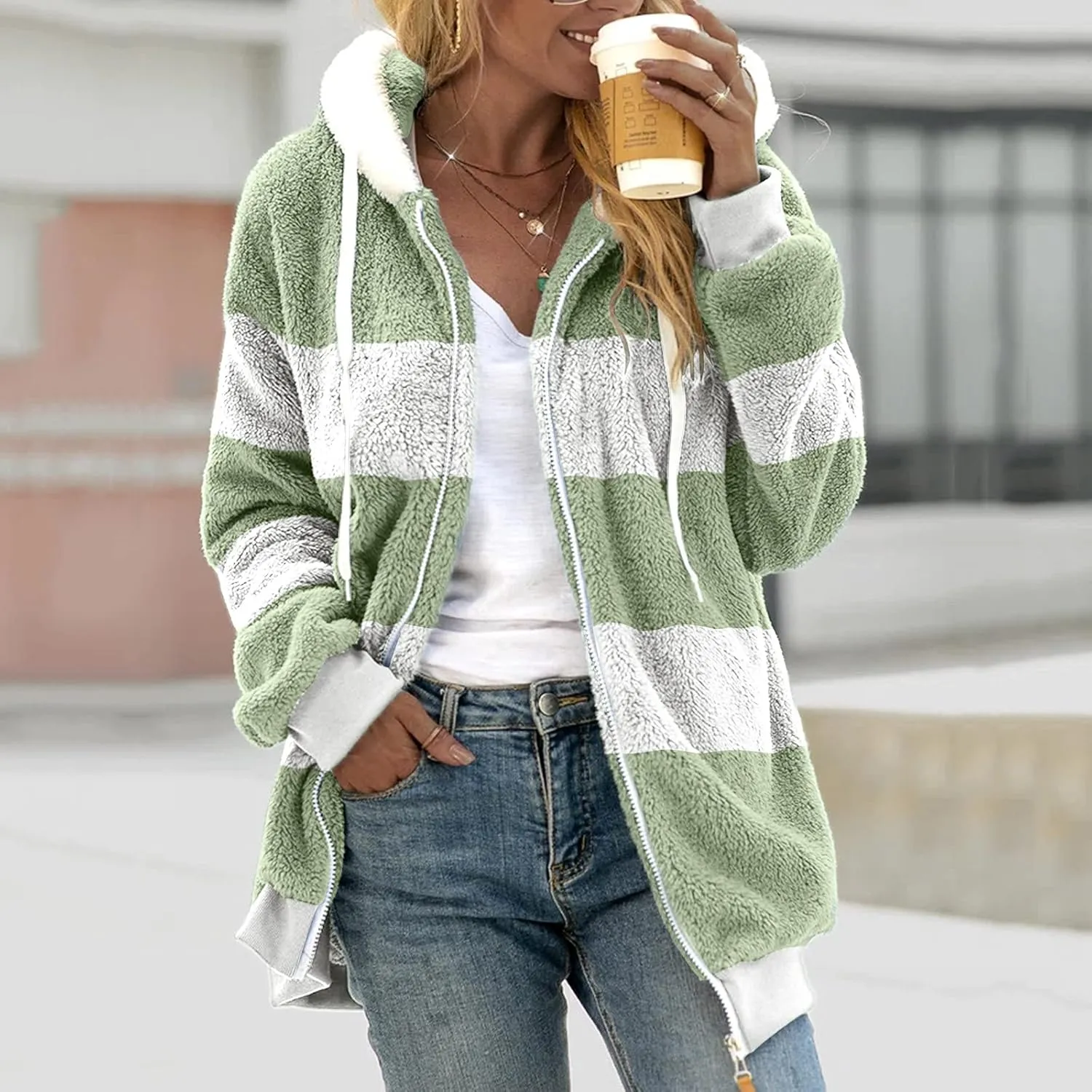 LCMTWX Womens Winter Fuzzy Fleece Jacket Color Artificial Wool Zipper Drawstring Long-Sleeved Hoodie Sweater Coat Hooded