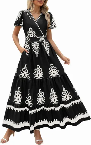 Long Dresses for Women Casual Summer 2025 Boho Floral Vacation Maxi Dress Short Sleeve Pleated Flowy Vintage Dress