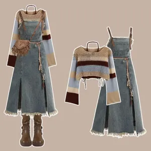 LVSANW 2025 Spring New Vintage Denim Skirt Matching Set Women's Elegant Loose Hollow Knitted Shirt Sexy Split Dress Two Piece Suit