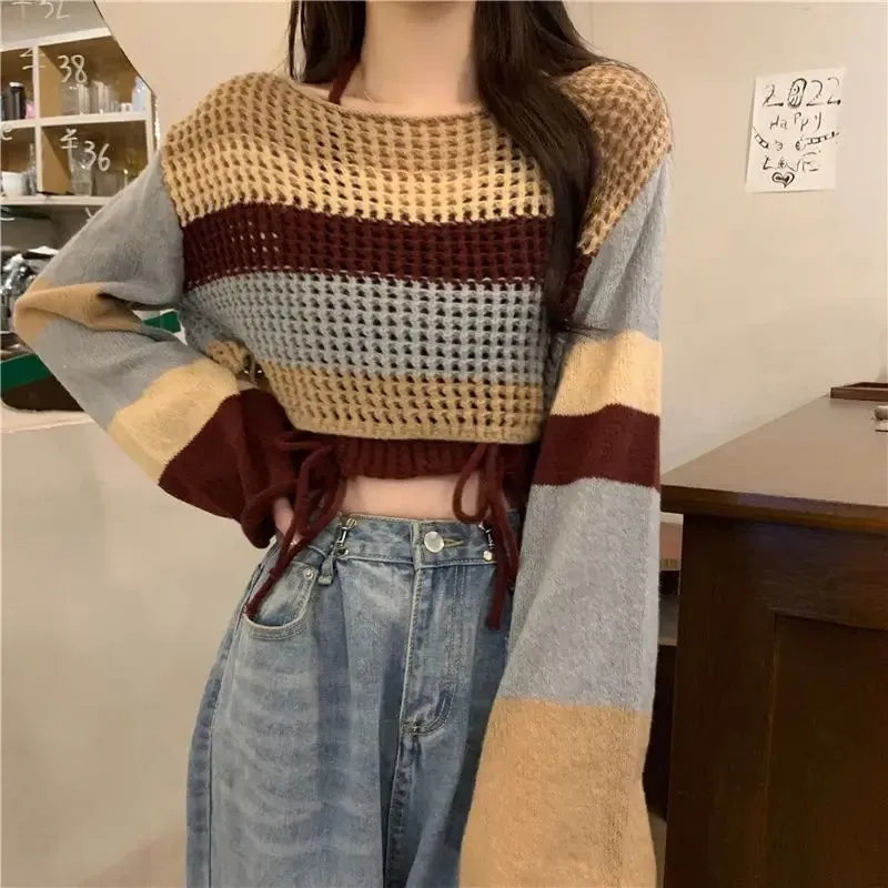 LVSANW 2025 Spring New Vintage Denim Skirt Matching Set Women's Elegant Loose Hollow Knitted Shirt Sexy Split Dress Two Piece Suit