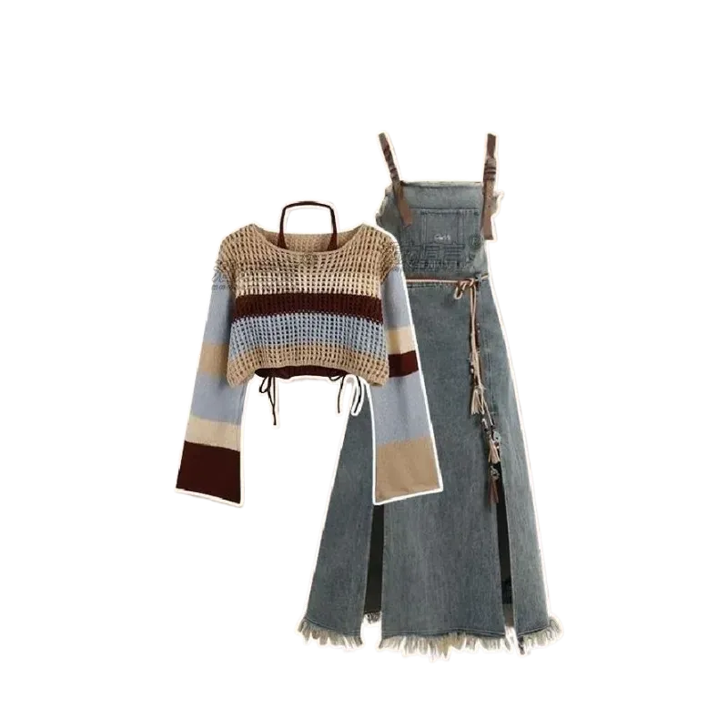 LVSANW 2025 Spring New Vintage Denim Skirt Matching Set Women's Elegant Loose Hollow Knitted Shirt Sexy Split Dress Two Piece Suit