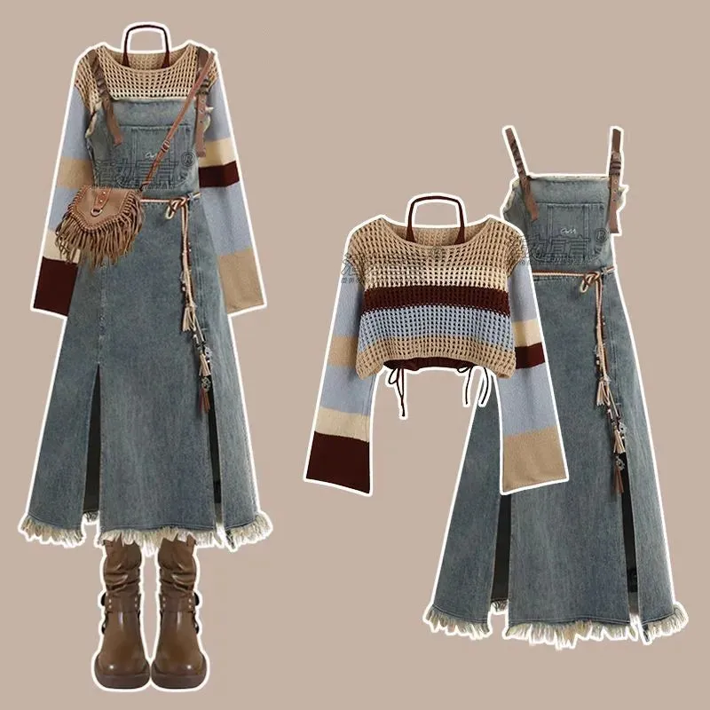 LVSANW 2025 Spring New Vintage Denim Skirt Matching Set Women's Elegant Loose Hollow Knitted Shirt Sexy Split Dress Two Piece Suit
