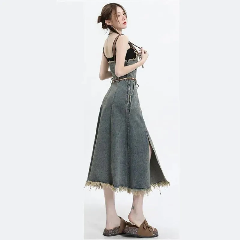 LVSANW 2025 Spring New Vintage Denim Skirt Matching Set Women's Elegant Loose Hollow Knitted Shirt Sexy Split Dress Two Piece Suit