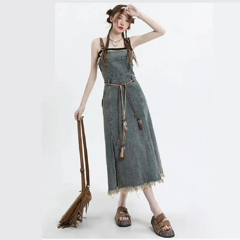 LVSANW 2025 Spring New Vintage Denim Skirt Matching Set Women's Elegant Loose Hollow Knitted Shirt Sexy Split Dress Two Piece Suit