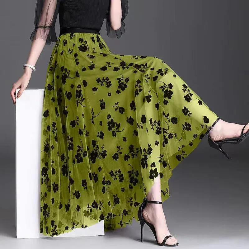 LVSANW Mesh Floral Skirt For Women 2024 Autumn Winter Lace Flocking Fashion Big Swing Elastic High Waisted Elegant Mujer Party A-Line