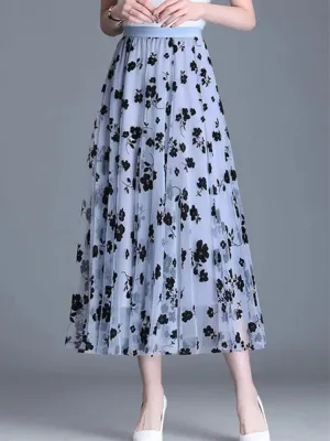 LVSANW Mesh Floral Skirt For Women 2024 Autumn Winter Lace Flocking Fashion Big Swing Elastic High Waisted Elegant Mujer Party A-Line