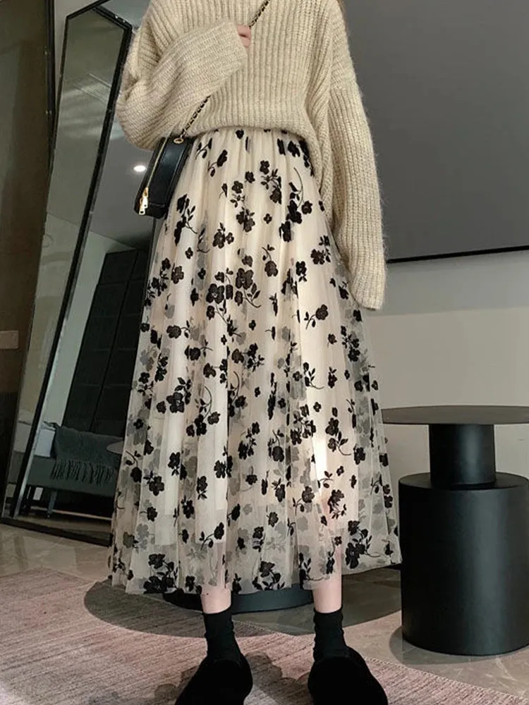 LVSANW Mesh Floral Skirt For Women 2024 Autumn Winter Lace Flocking Fashion Big Swing Elastic High Waisted Elegant Mujer Party A-Line