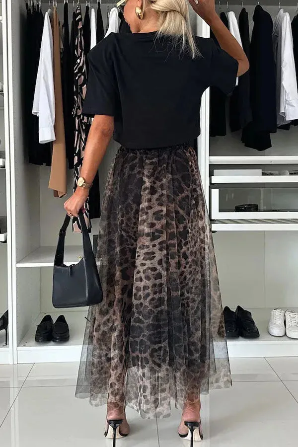LVSANW Spring New Leopard Print Skirt Elegant Elastic High Waist Splicing Mesh Long Skirt Women's 2025 Fashion Slim Party Half Skirts