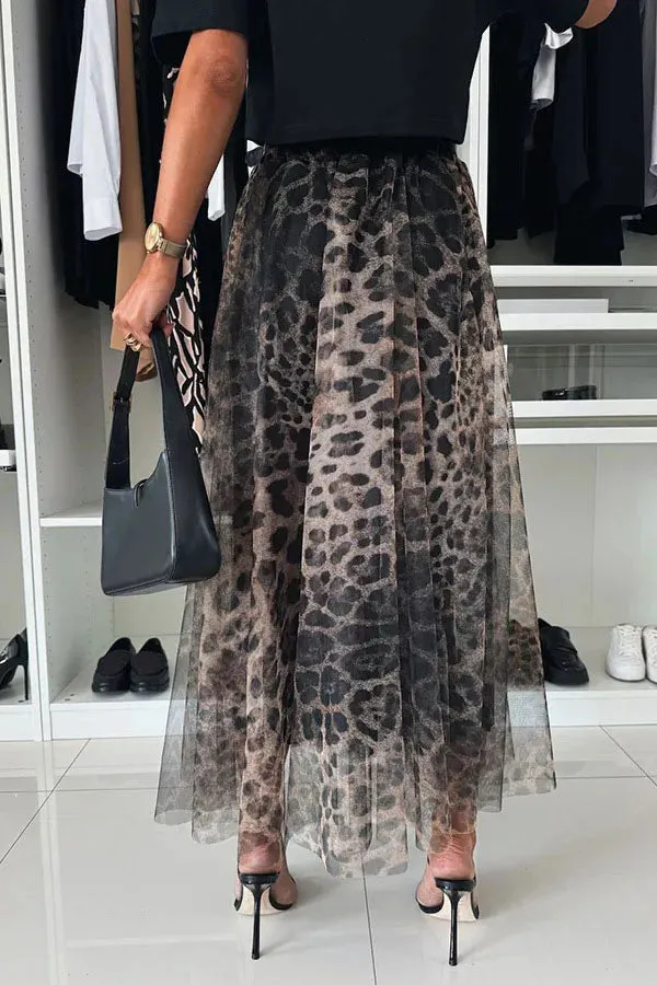 LVSANW Spring New Leopard Print Skirt Elegant Elastic High Waist Splicing Mesh Long Skirt Women's 2025 Fashion Slim Party Half Skirts
