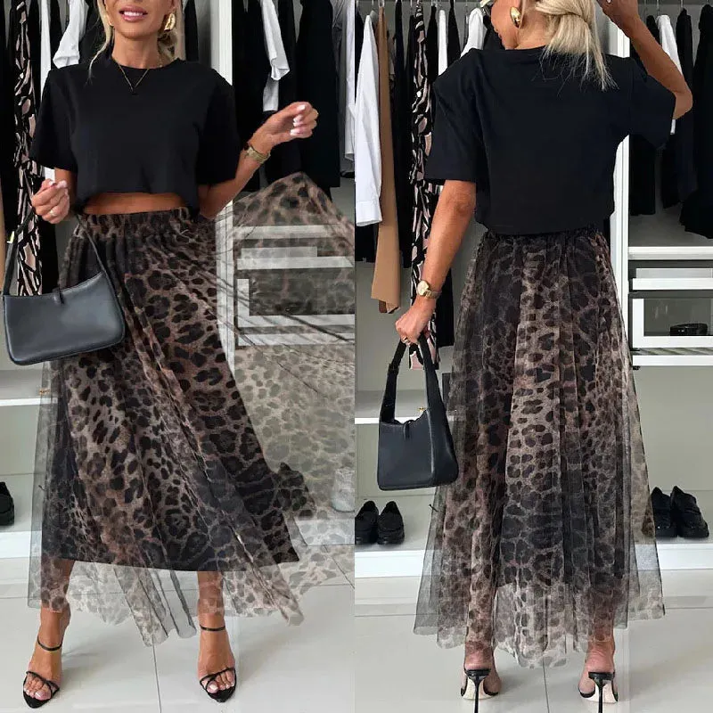 LVSANW Spring New Leopard Print Skirt Elegant Elastic High Waist Splicing Mesh Long Skirt Women's 2025 Fashion Slim Party Half Skirts