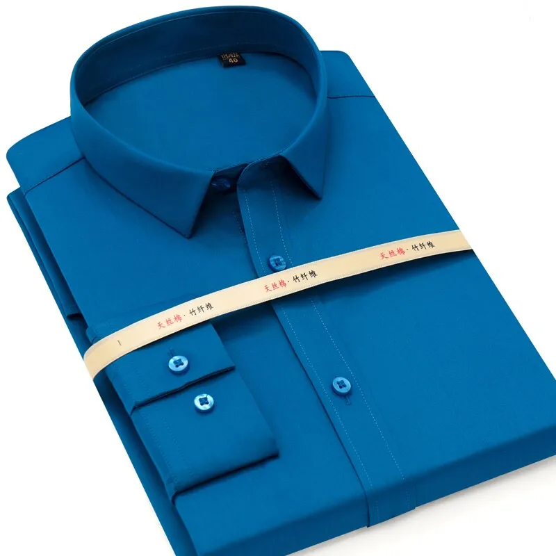 MACROSEA Men Solid Bamboo Fiber Long Sleeve Elastic Non Iron Male Regular-fit Dress Shirt
