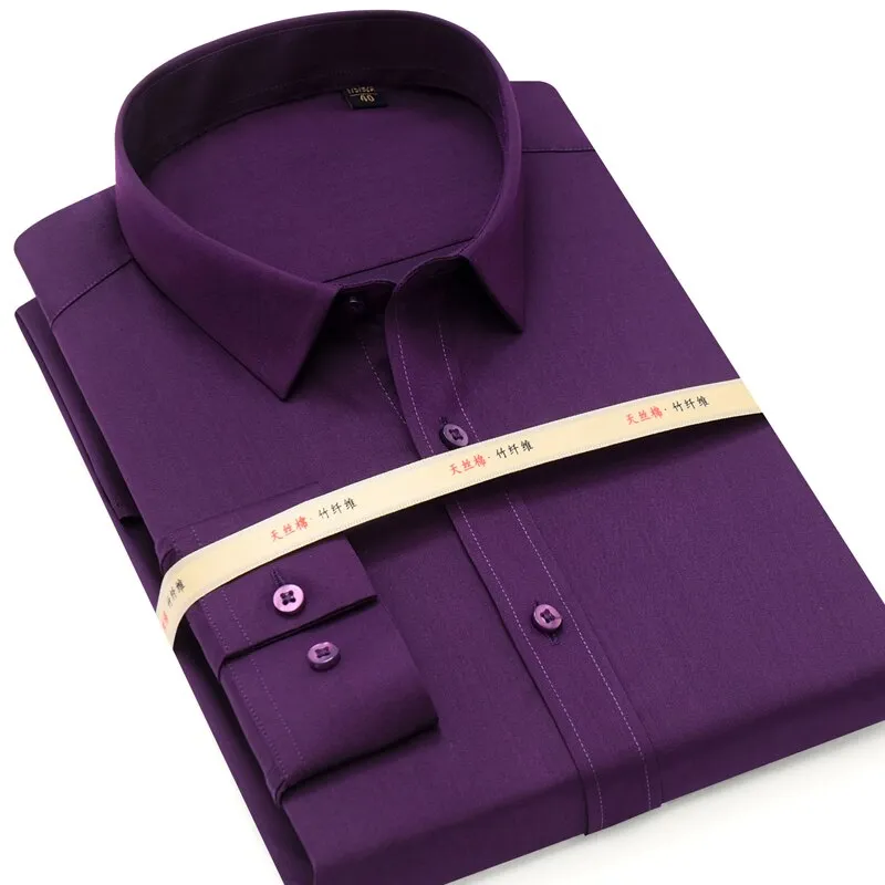 MACROSEA Men Solid Bamboo Fiber Long Sleeve Elastic Non Iron Male Regular-fit Dress Shirt