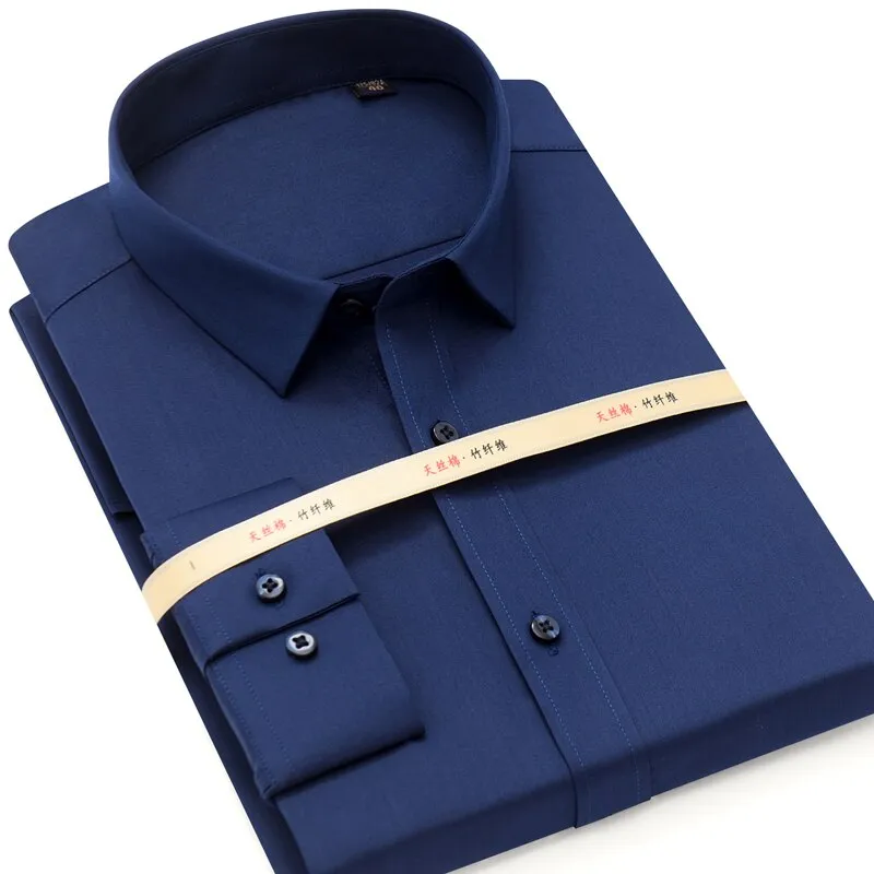 MACROSEA Men Solid Bamboo Fiber Long Sleeve Elastic Non Iron Male Regular-fit Dress Shirt