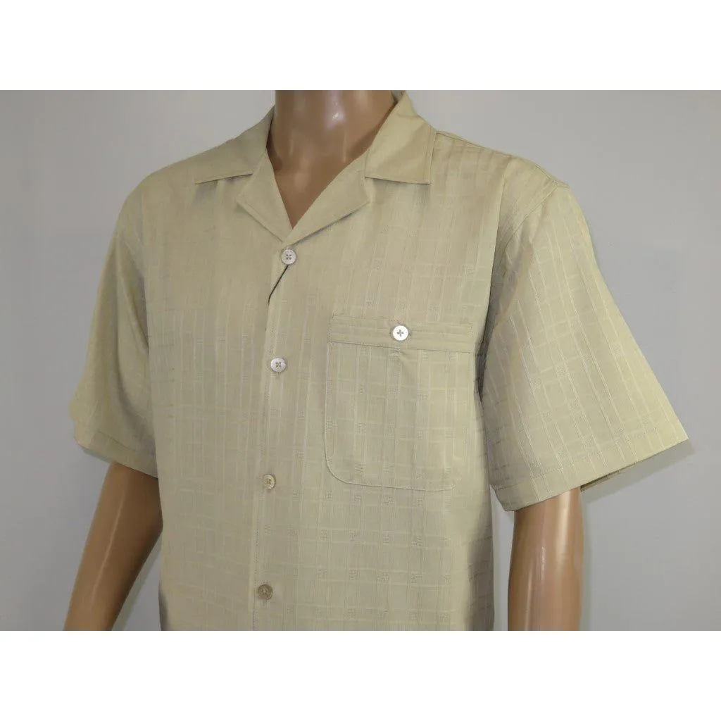 Men 2pc Walking Leisure Suit Short Sleeves DREAMS Plaid Satin 253-13 Sand