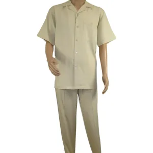Men 2pc Walking Leisure Suit Short Sleeves DREAMS Plaid Satin 253-13 Sand