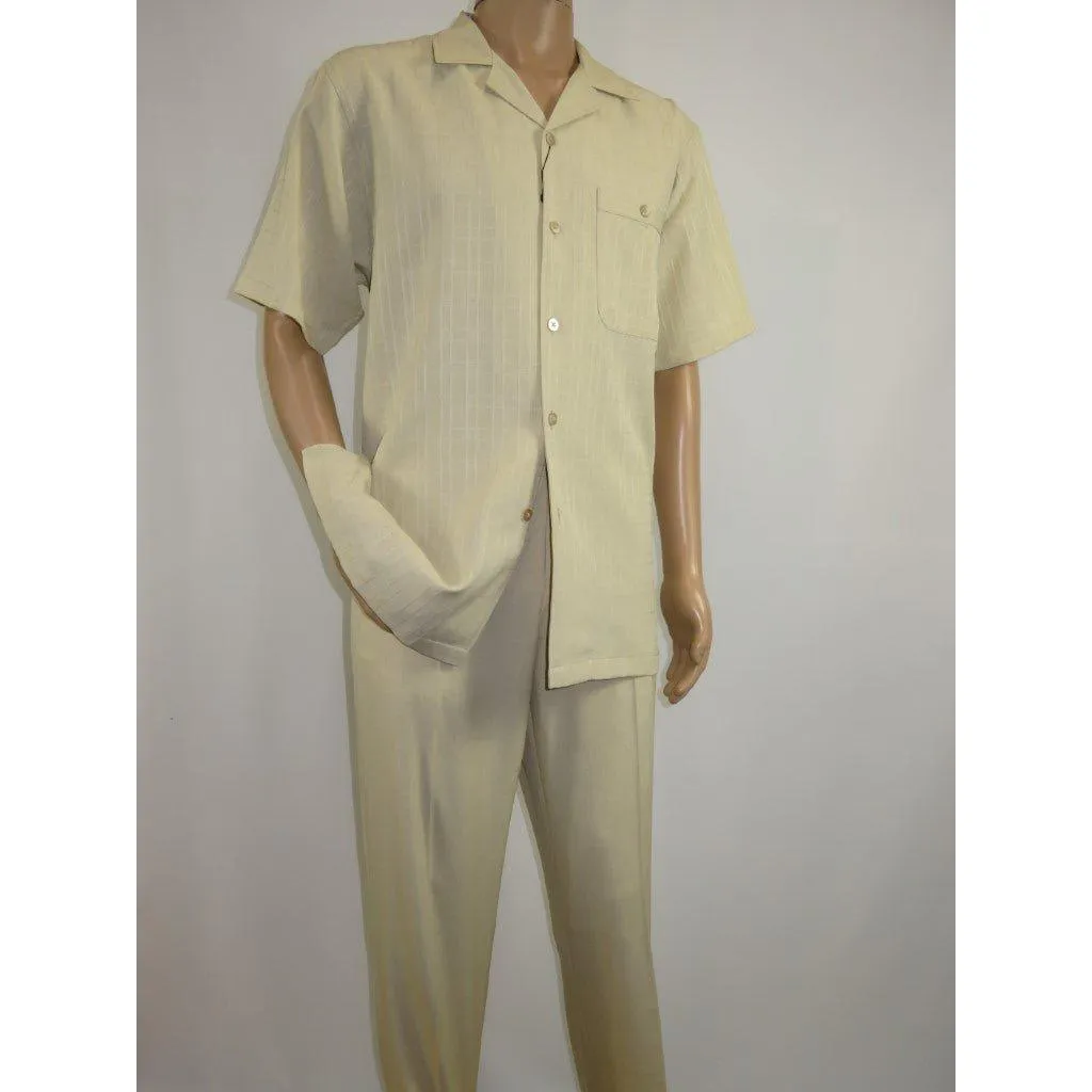 Men 2pc Walking Leisure Suit Short Sleeves DREAMS Plaid Satin 253-13 Sand