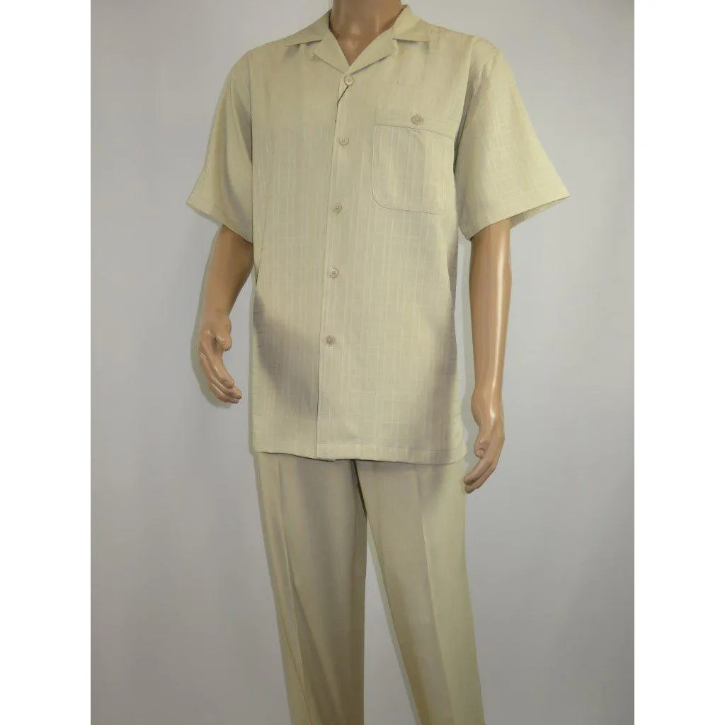 Men 2pc Walking Leisure Suit Short Sleeves DREAMS Plaid Satin 253-13 Sand