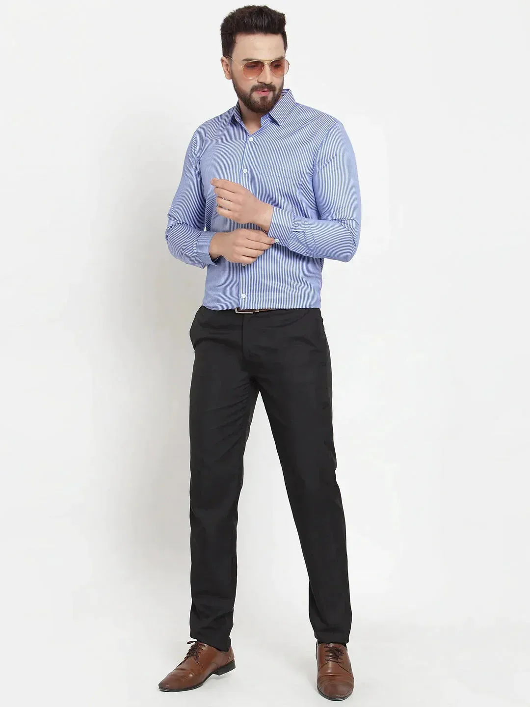 Men's Blue Cotton Stiped Formal Shirts - Taantav