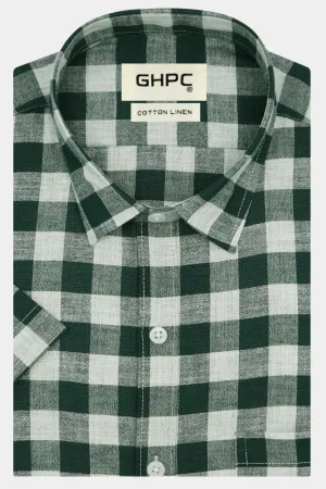 Men's Cotton Linen Checkered Half Sleeves Shirt (Bottle Green)