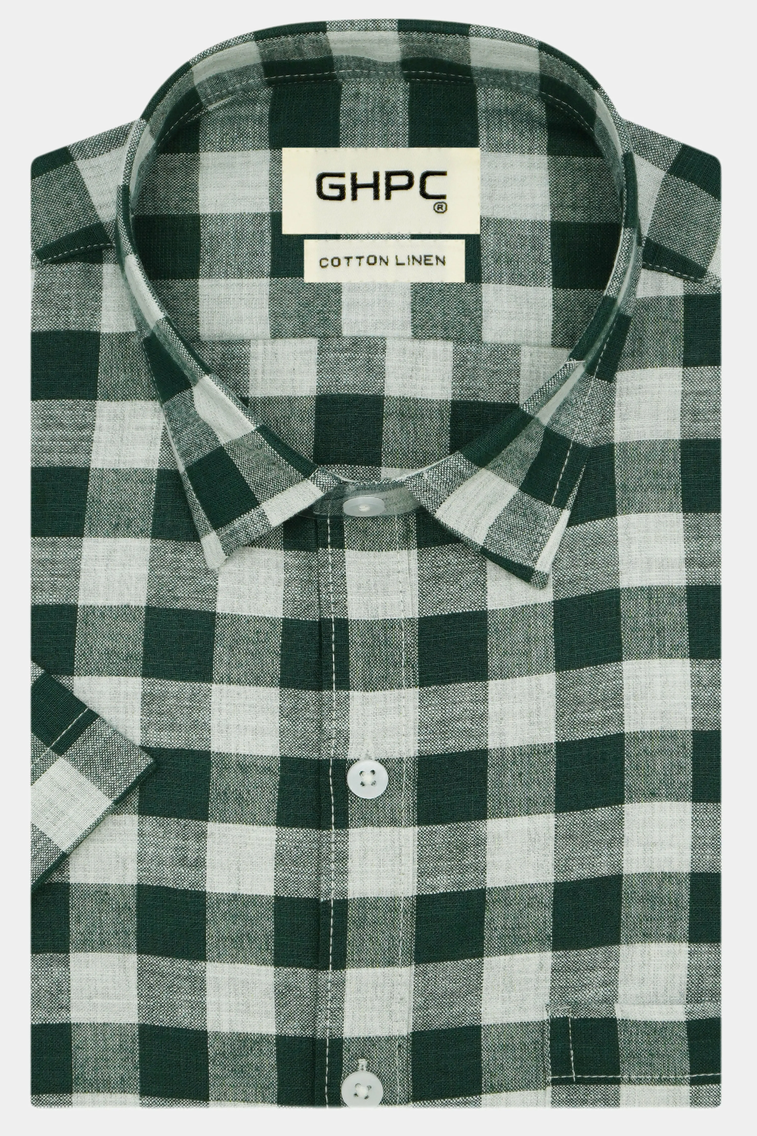 Men's Cotton Linen Checkered Half Sleeves Shirt (Bottle Green)