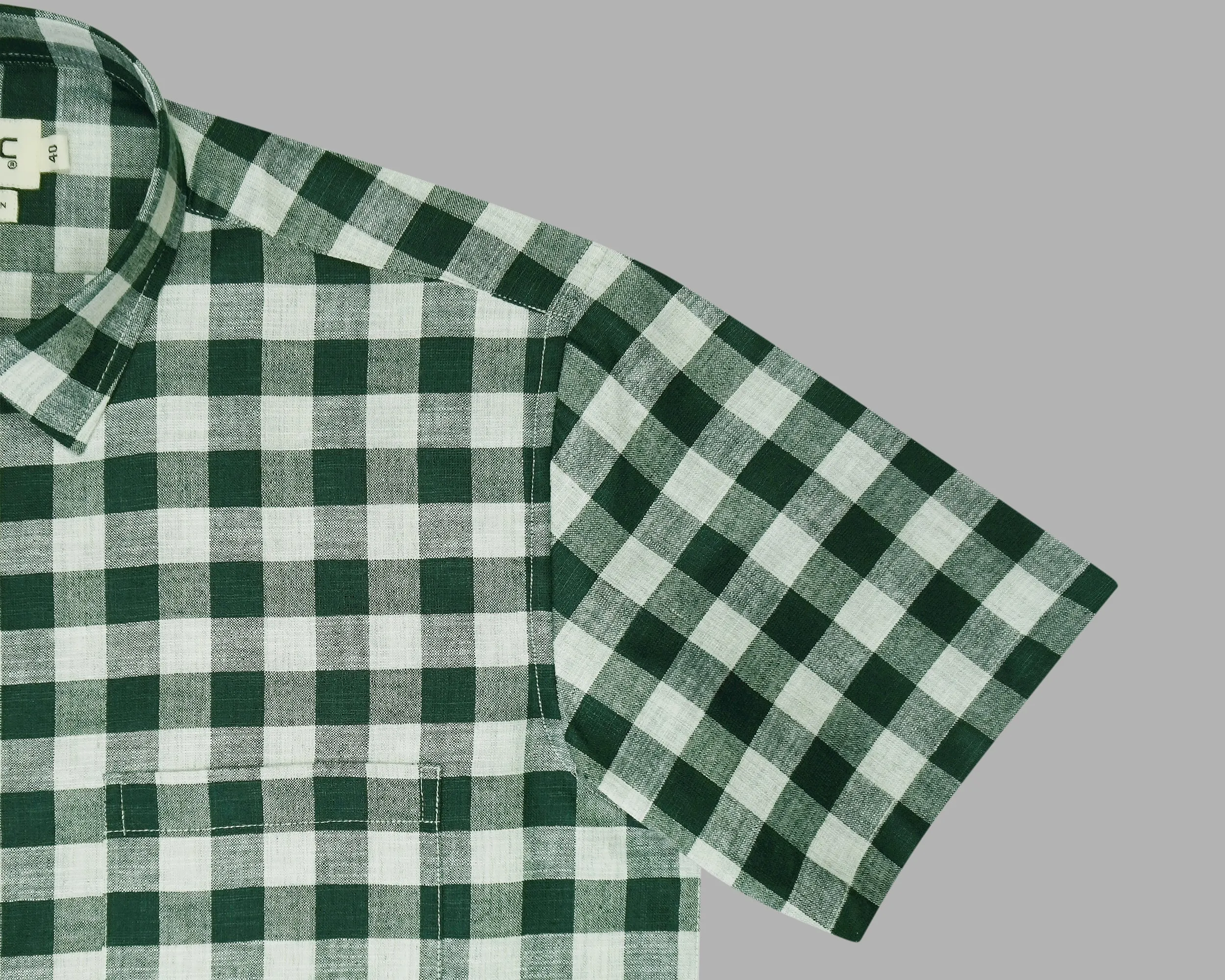 Men's Cotton Linen Checkered Half Sleeves Shirt (Bottle Green)