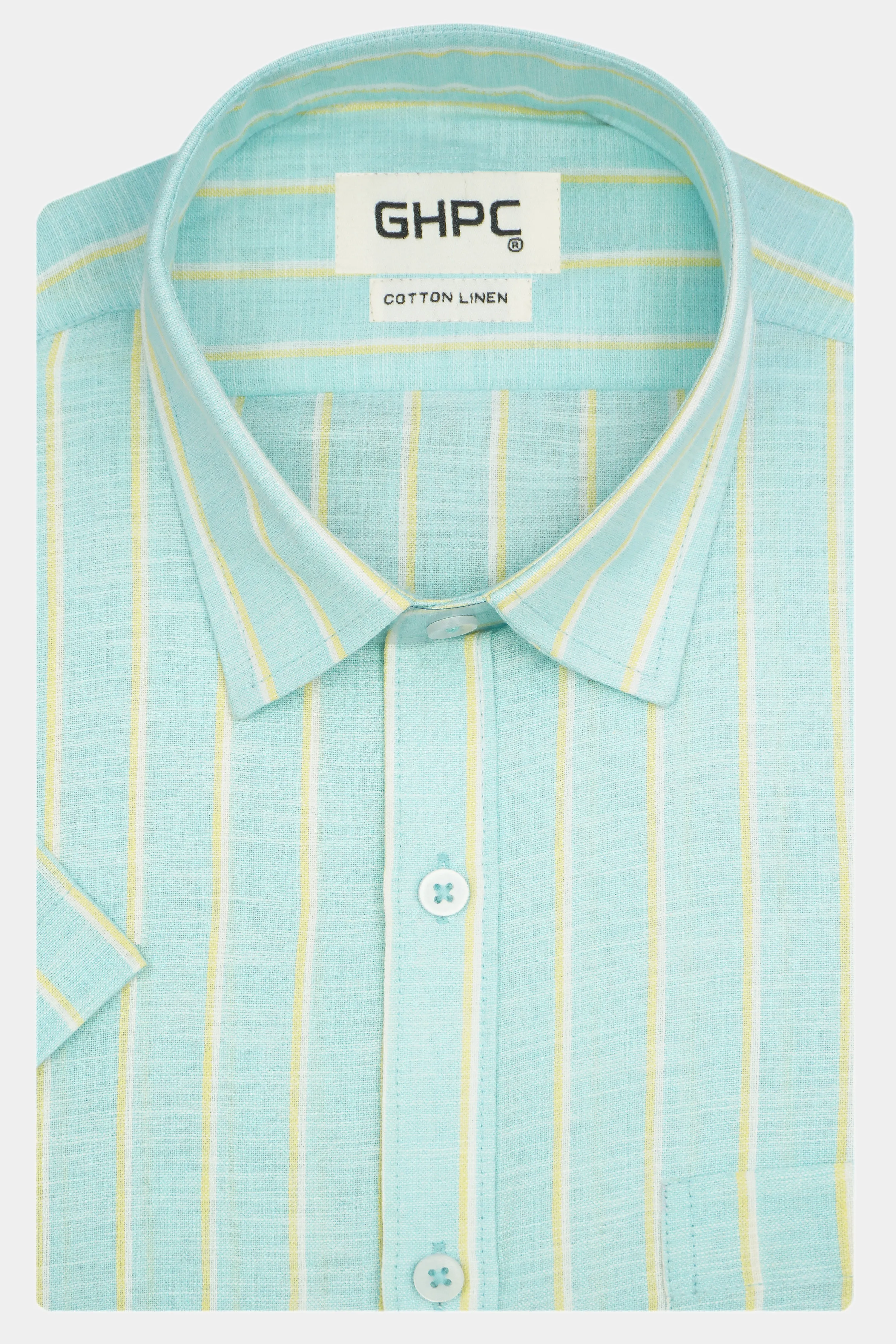 Men's Cotton Linen Striped Half Sleeves Shirt (Sea Green)