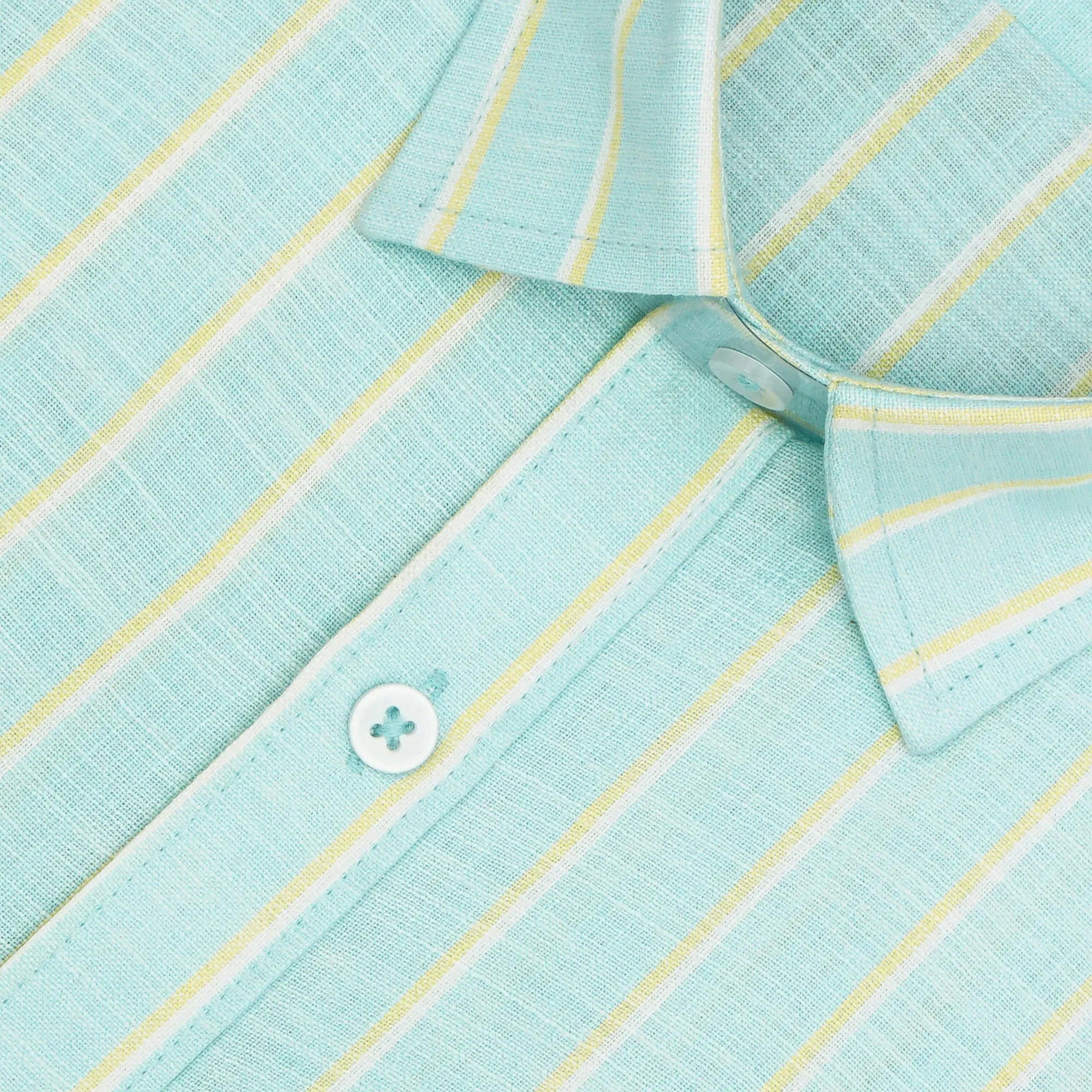 Men's Cotton Linen Striped Half Sleeves Shirt (Sea Green)