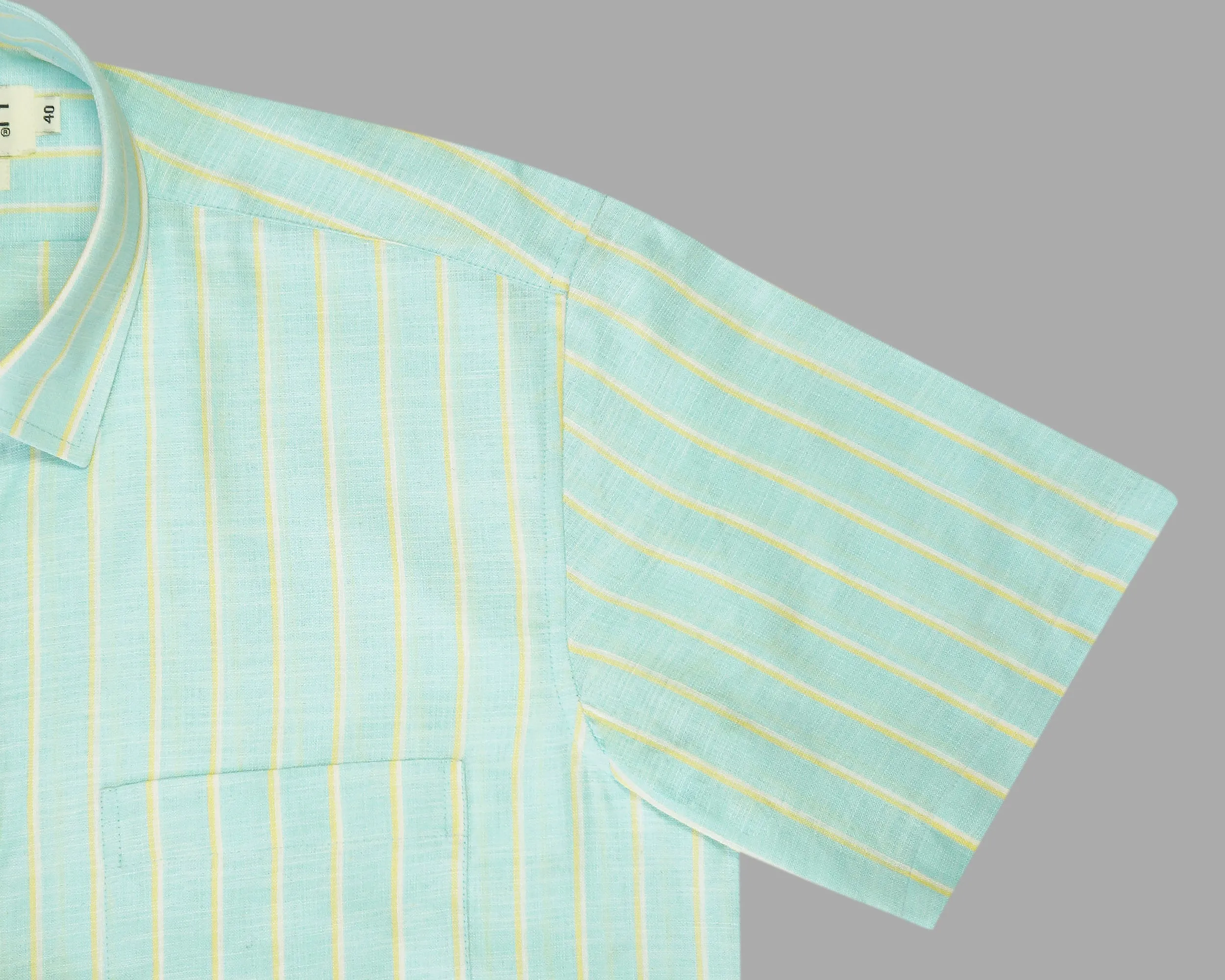 Men's Cotton Linen Striped Half Sleeves Shirt (Sea Green)
