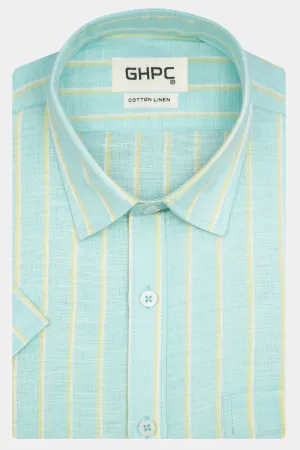 Men's Cotton Linen Striped Half Sleeves Shirt (Sea Green)